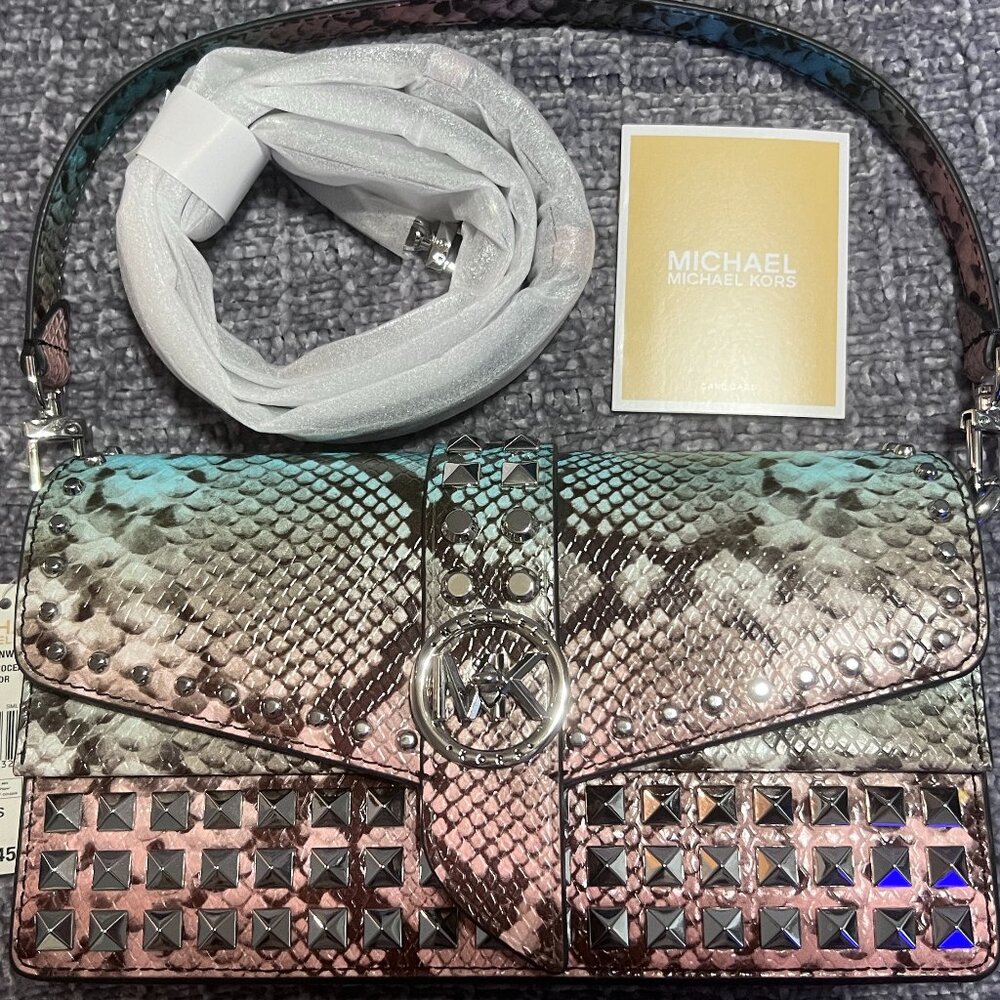 NWT Michael Kors Greenwich MK Ocean BL MLT MD CONV SHLDR Leather